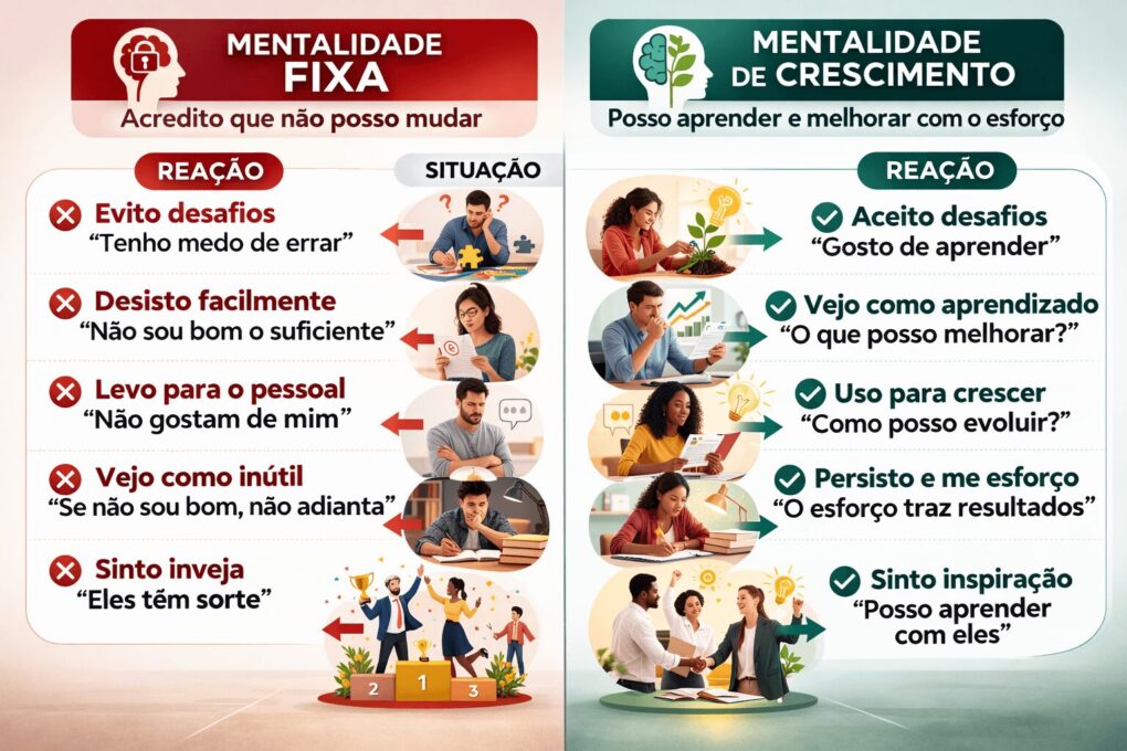 diferença mentalidade fixa e crescimento infográfico