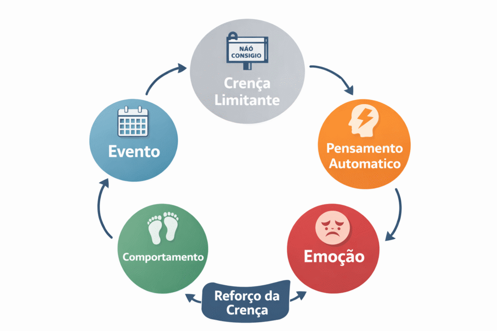 ciclo crenças limitantes diagrama psicologia cognitiva