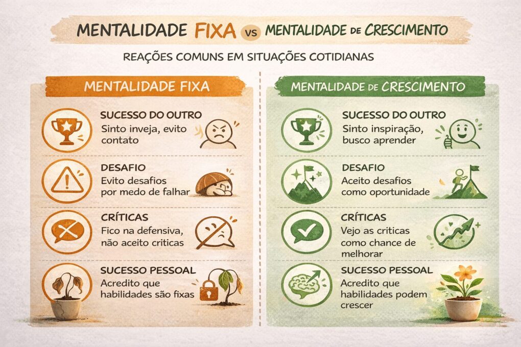 infográfico mentalidade fixa versus crescimento exemplos práticos