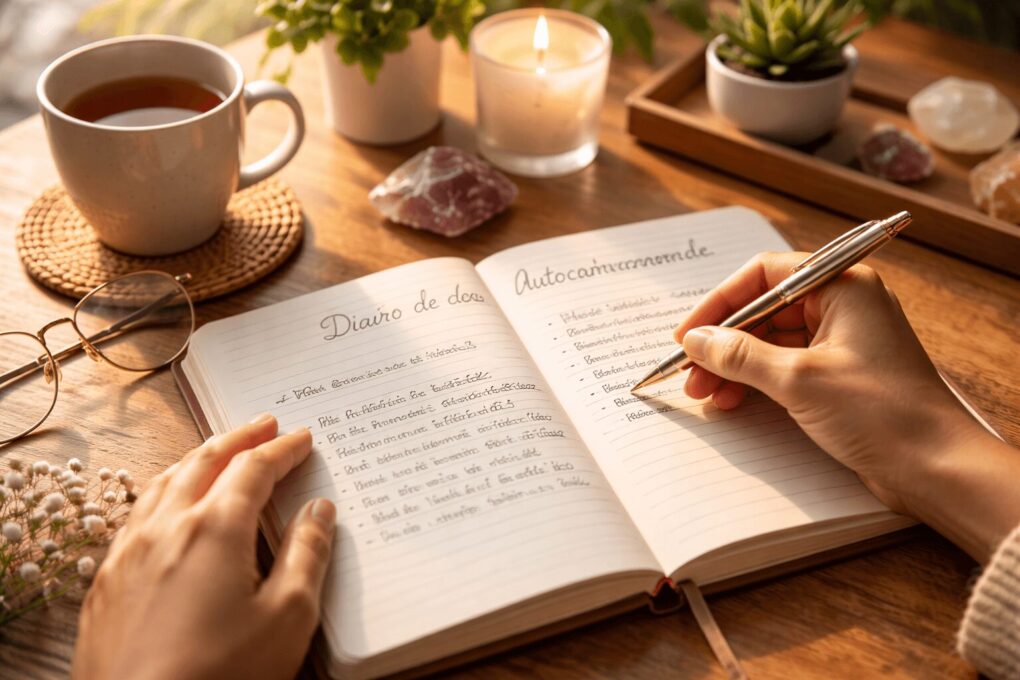 Mãos escrevendo em diário de autoconhecimento com caneta